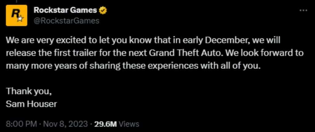 Rockstar Games's message about GTA 6's trailer