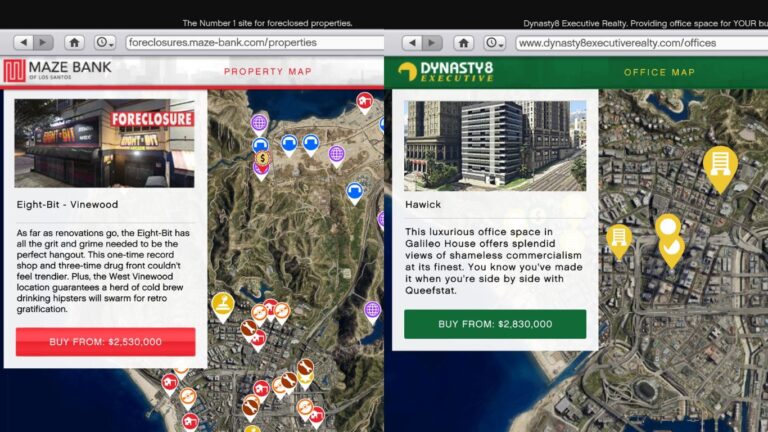 Maze Bank Foreclosures und Dynasty 8 Executive Interface in GTA Online.