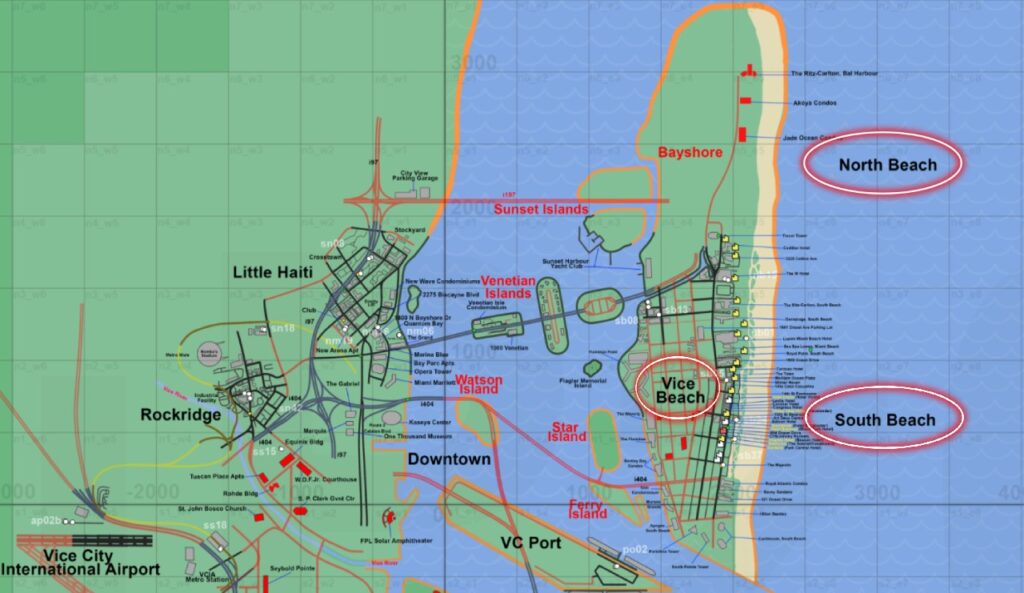 The location of North Beach, South Beach and Vice Beach on the mapping project