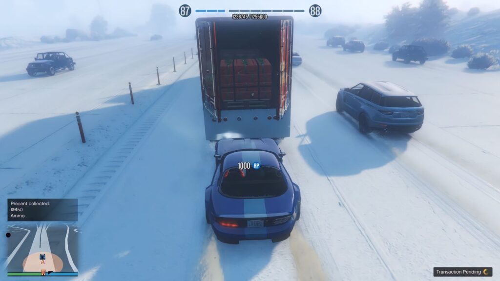 The player receiving Cash and Ammunition from a Holiday Hauler Truck's Christmas Present.