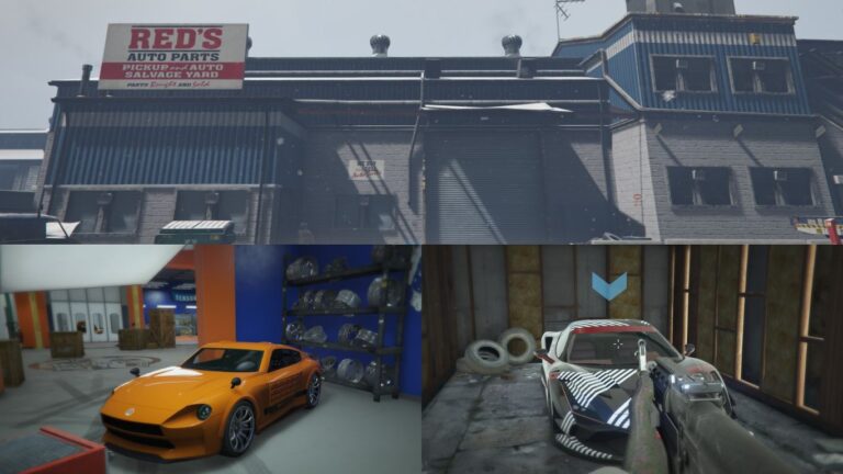 The Salvage Yard in Murietta, the Grotti Turismo Omaggio, and an unknown vehicle in GTA Online.