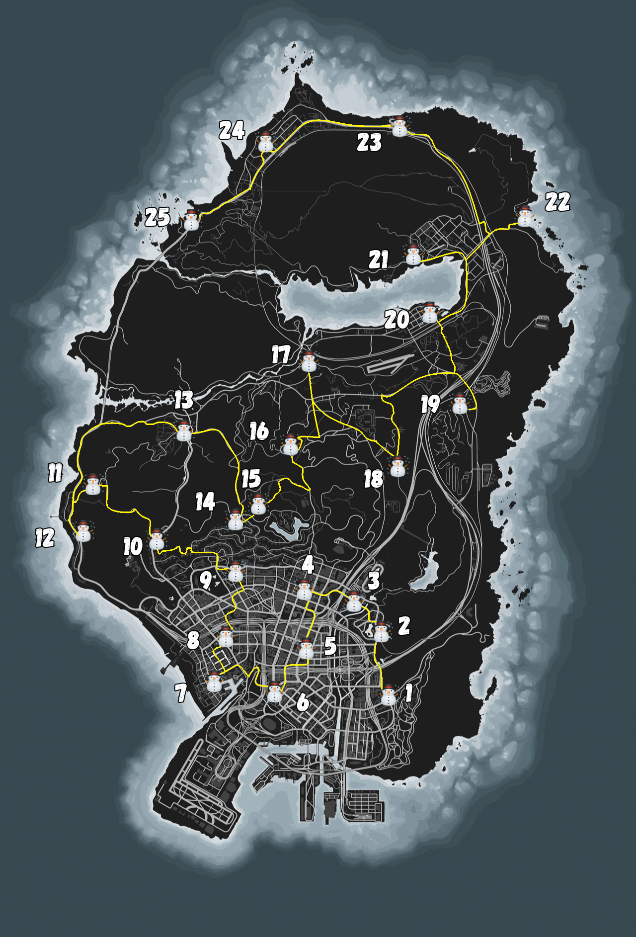The full map in GTA Online consisting of all Snowmen.