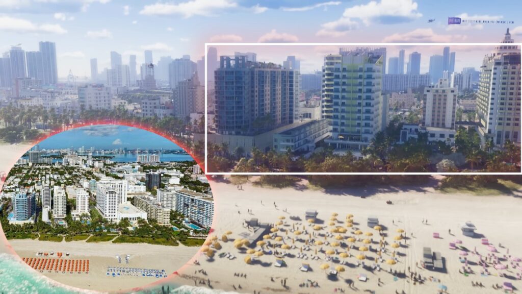 The buildings in the beach scene in GTA 6 trailer that resembles the Royal Palm Beach Hotel