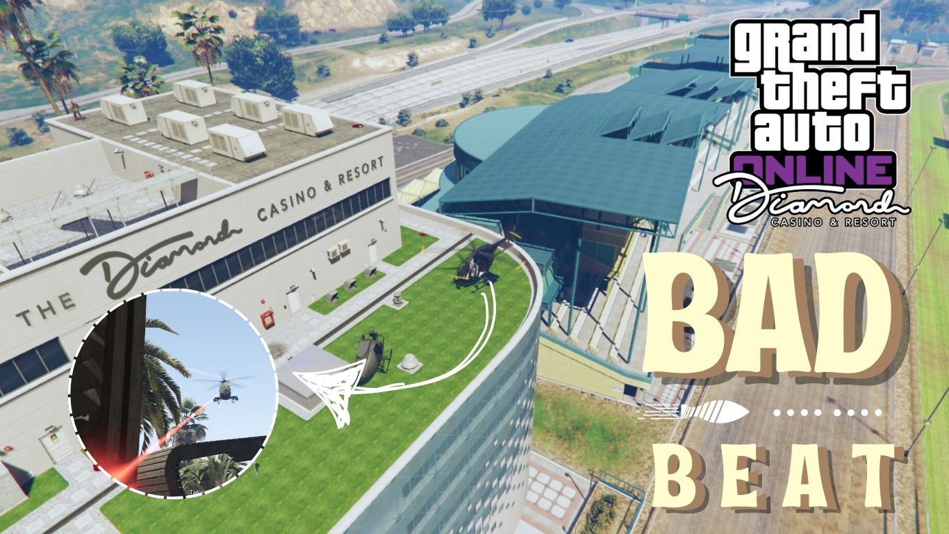 The GTA Online Protagonist firing at an attack helicopter in Bad Beat at the rooftop of Diamond Casino & Resort.