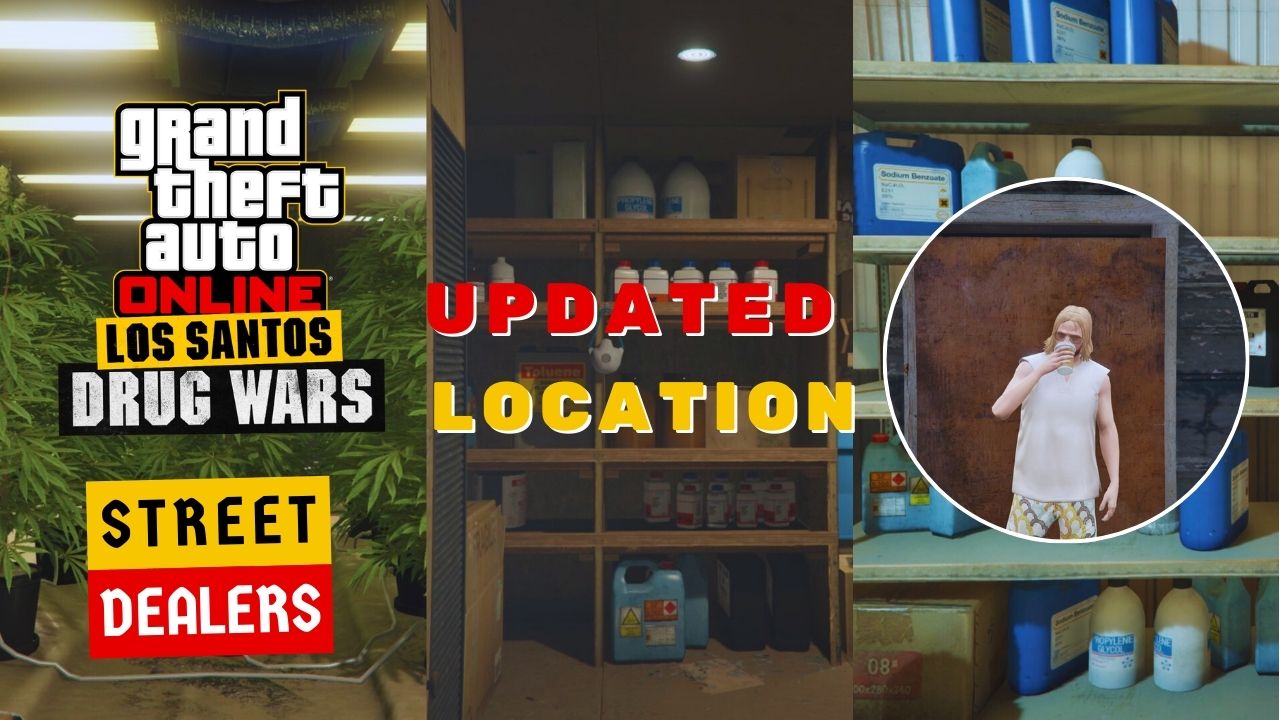 A Street Dealer in GTA Online with background photos of the Meth Lab, Weed Farm, and Acid Lab.