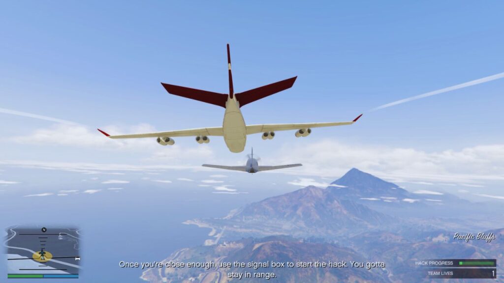 The GTA Online Protagonist hacking the Cargo Plane using the Velum aeroplane.