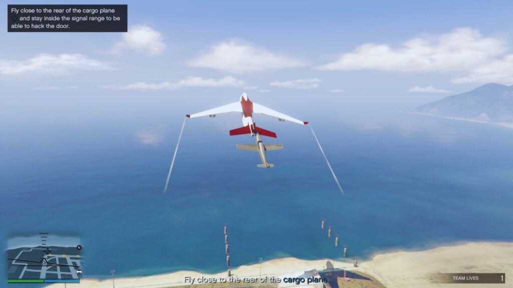 The GTA Online Protagonist flying the Velum closing to the Cargo Flane in BDKD.