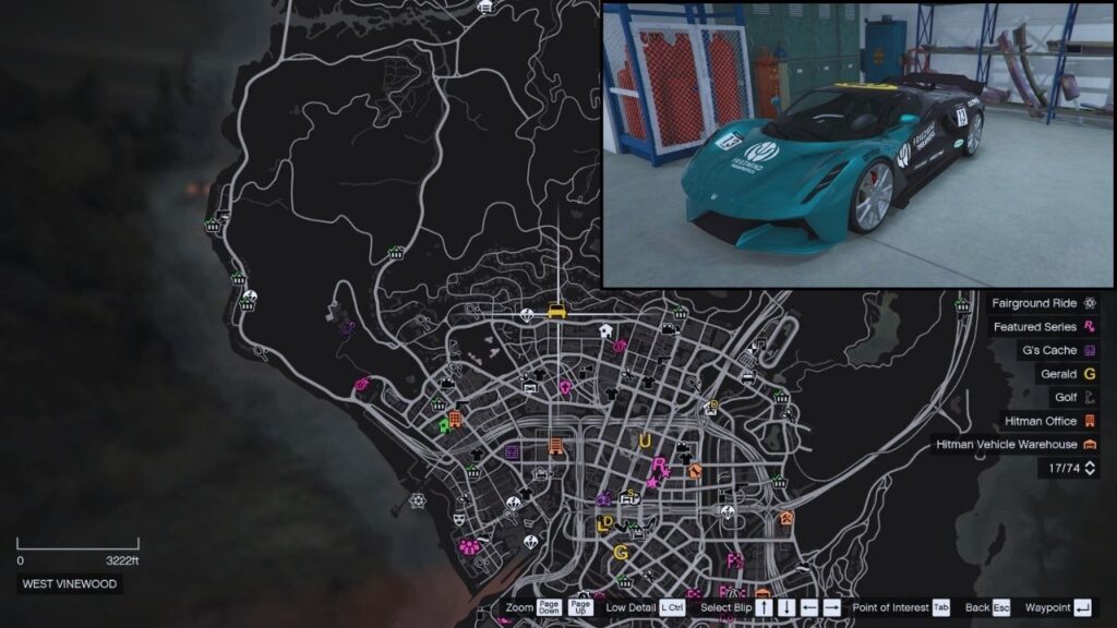 In-game GTA Online map of West Vinewood and the Ocelot Virtue.