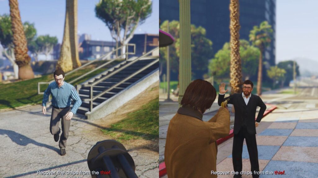 The GTA Online Protagonist aiming at the thieves.