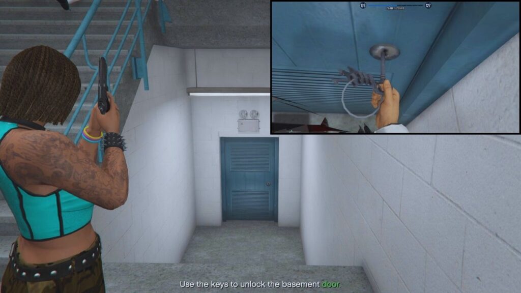 The GTA Online Protagonist inserting the key to the basement with Lucha holstering her Pistol Mk II.