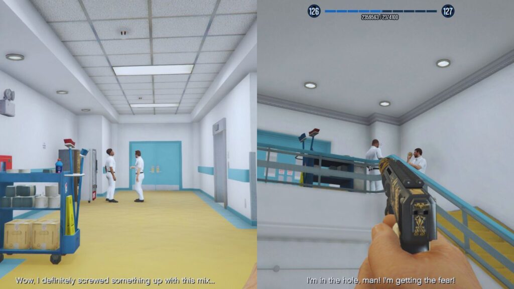 The GTA Online Protagonist defeating Friedlander's goons inside the Friedmind HQ.