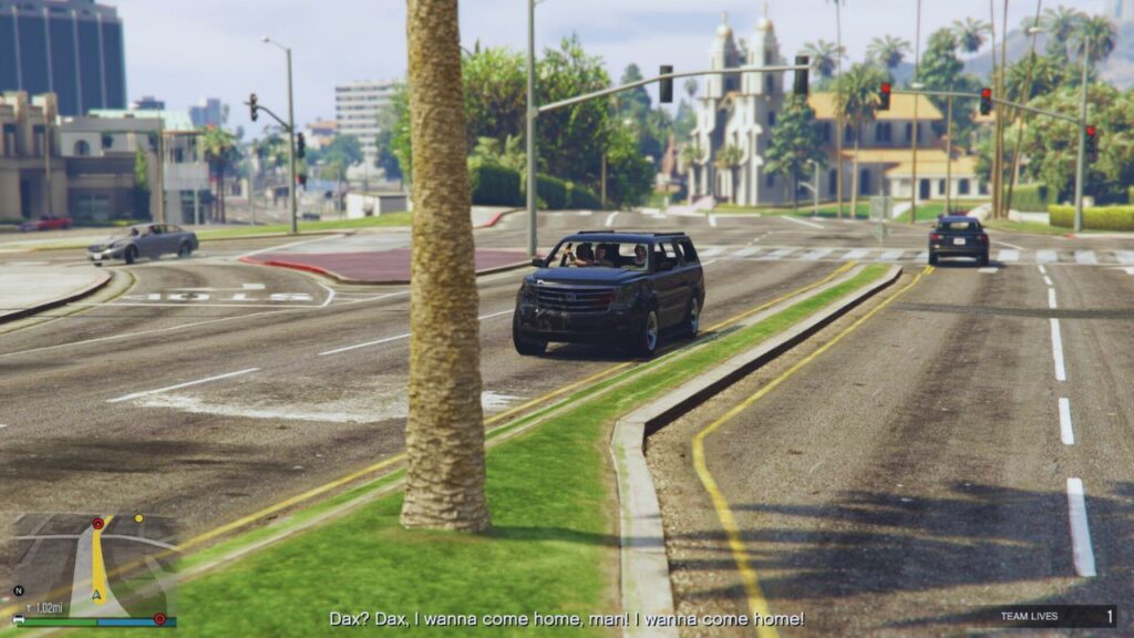 The GTA Online Protagonist driving a Granger 3600LX with Lucha firing at the hostiles and Labrat resting.