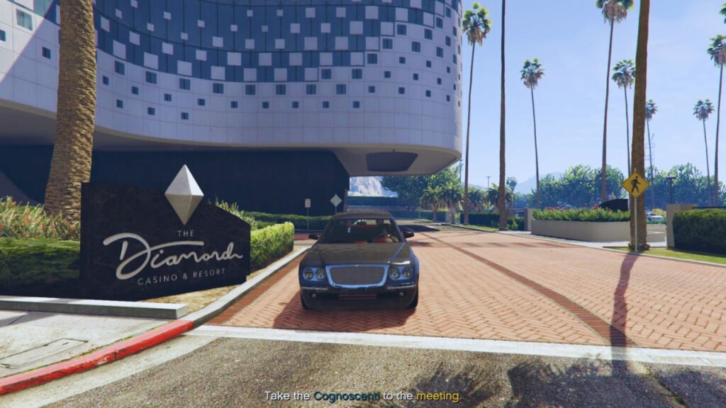 The GTA Online Protagonist inside the Enus Cognoscenti with Tao Cheng and his Translator outside Diamond Casino & Resort.