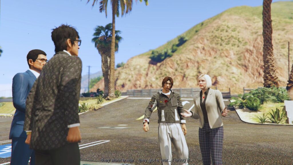 Tao Cheng and his Translator, Agatha Baker, and the GTA Online Protagonist talking during the conclusion of Strong Arm Tactics.