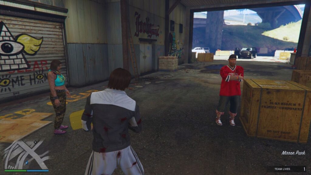 The GTA Online Protagonist, Dax, and Lucha outside The Freakshop during Last Dose 1 - This is an Intervention.