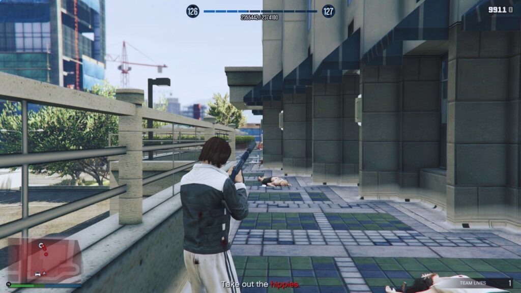 The GTA Online Protagonist attacking the Hippies.