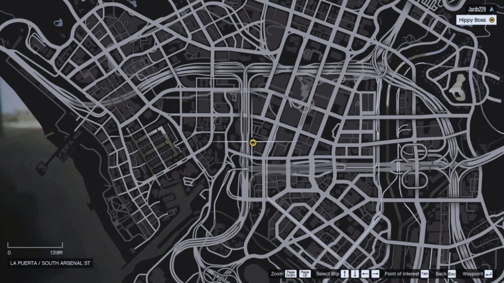 In-game GTA Online map leading to the Hippy Boss' location during Unusual Suspects.
