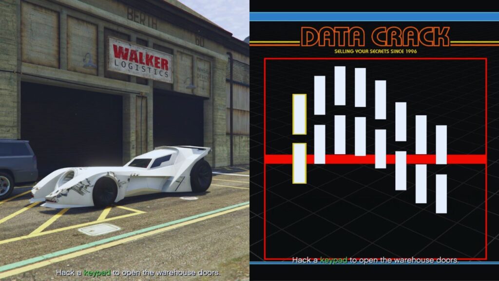 The GTA Online Protagonist parking at the target warehouse with a visible Granger 3600LX and solving the Data Crack minigame.