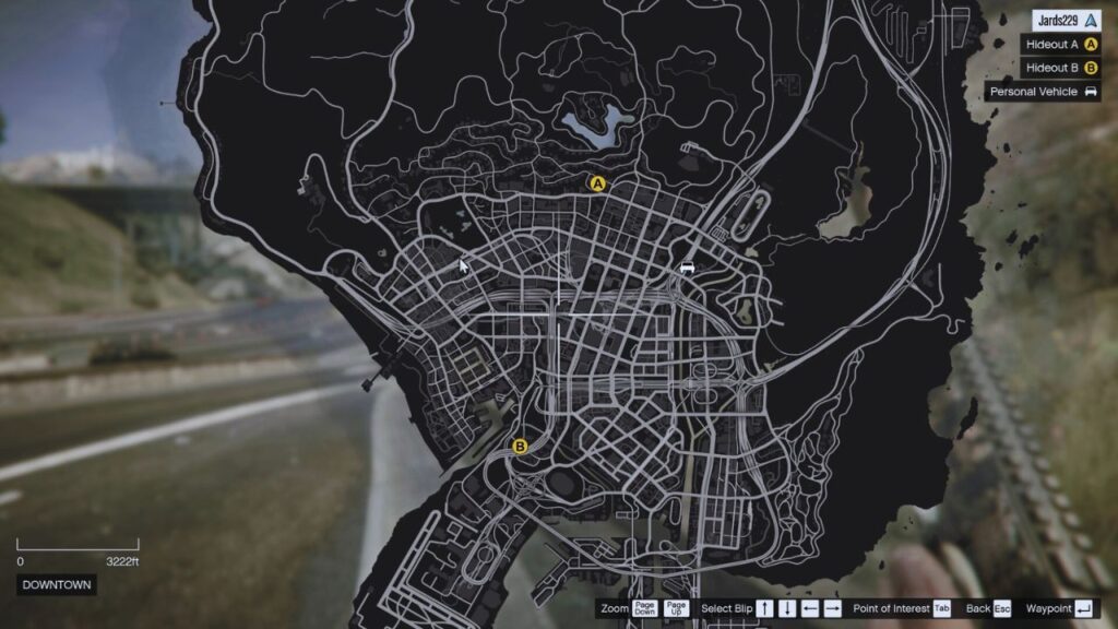 In-game GTA Online map with Points A and B leading to a gang hideout.