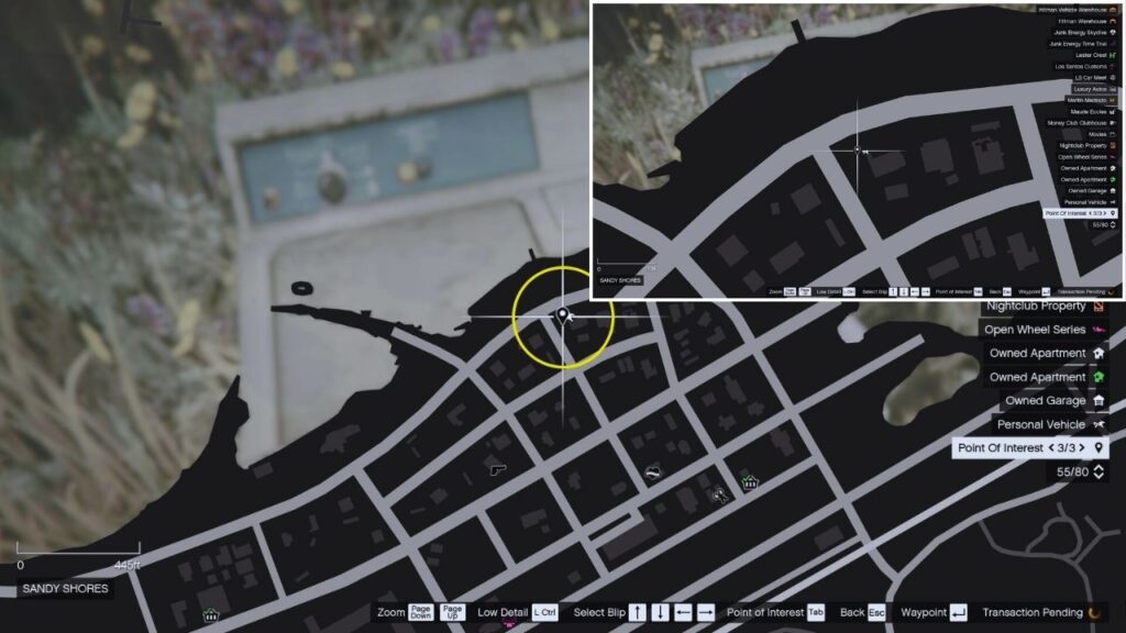 In-game GTA Online map of Sandy Shores.