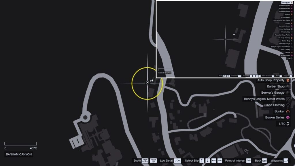 In-game GTA Online map of Banham Canyon.