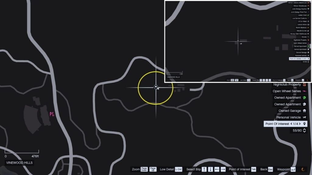 In-game GTA Online map of Vinewood Hills.