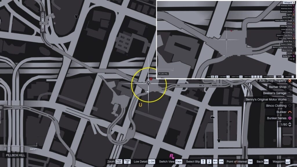 In-game GTA Online map of Pillbox North Station.