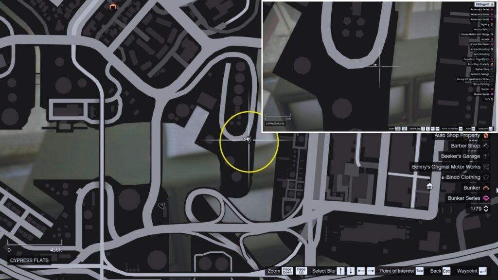 In-game GTA Online map of Cypress Flats.