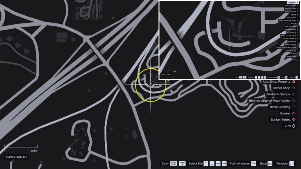 In-game GTA Online map of Davis Quartz.