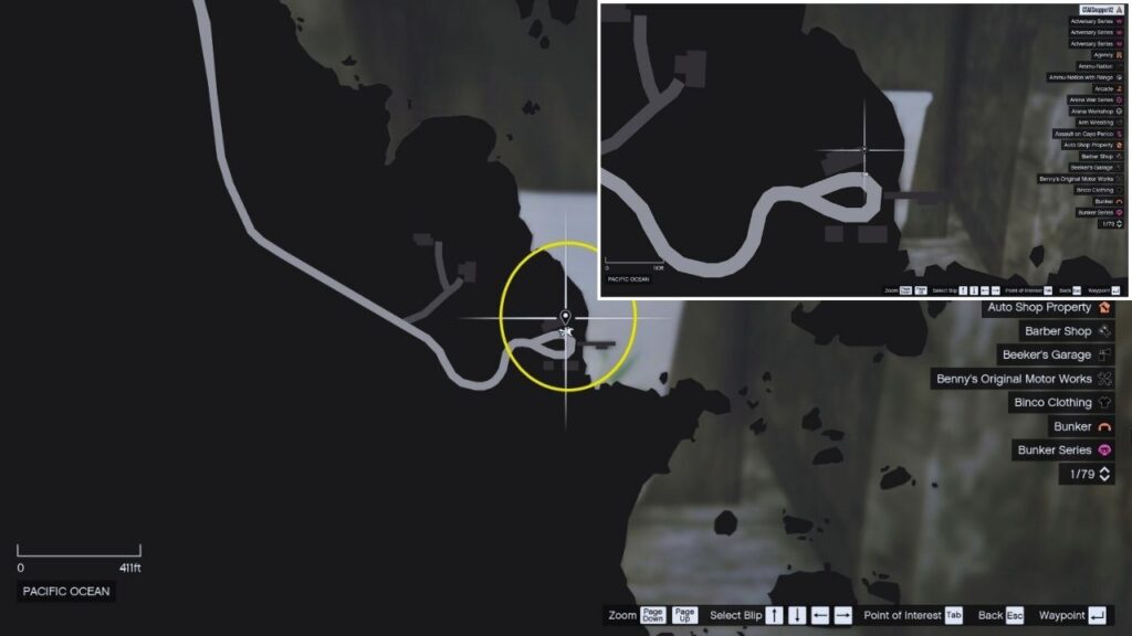 In-game GTA Online map of Cape Catfish.