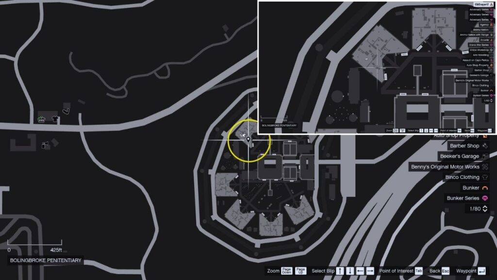 In-game GTA Online map of Bolingbroke Penitentiary.