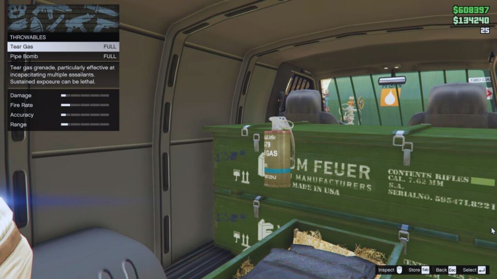 In-game GTA Online interface of the Gun Van menu showing a Tear Gas.
