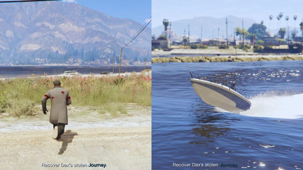 The GTA Online Protagonist finding a boat and using it to cross the Alamo Sea during Welcome to the Troupe.