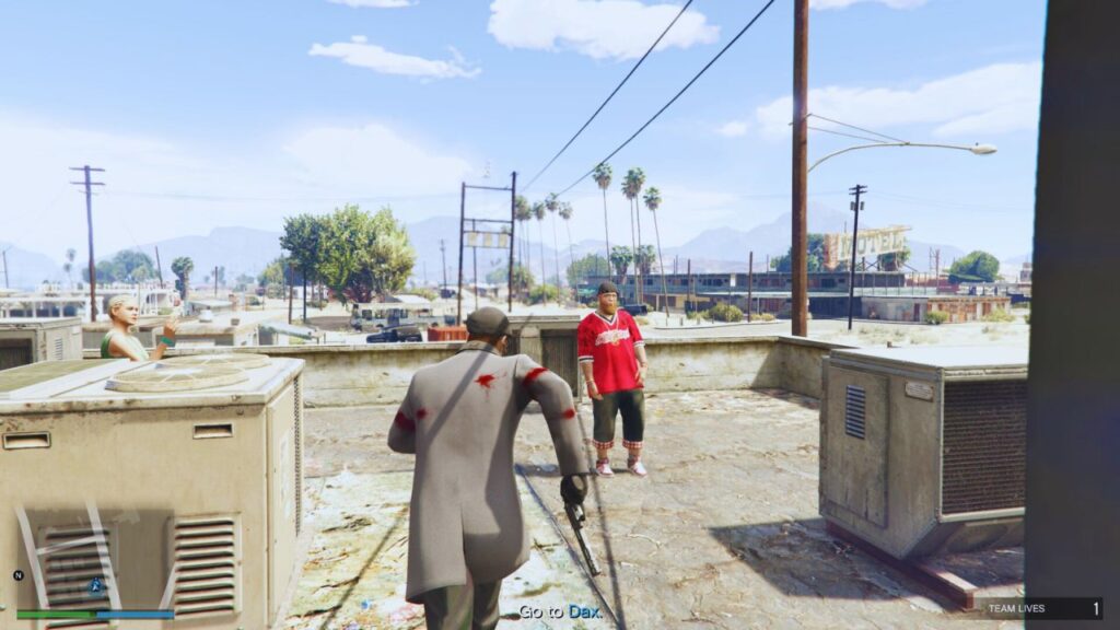 The GTA Online Protagonist, covered in blood, approaching Dax.