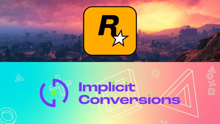 Rockstar Games and Implicit Conversions logo in a city background.